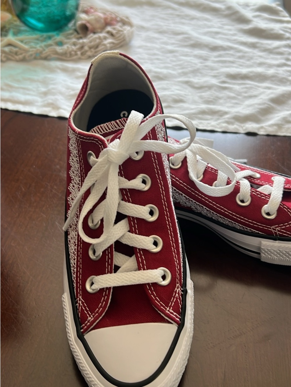 Converse Low-Top Red Canvas Sneakers with White Lace Trim - Picture 2 of 6